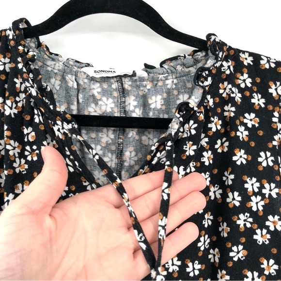 SONOMA Linen Blend Black Floral Dress L Flowers Sleeveless Tiered Sundress Women - Picture 3 of 12